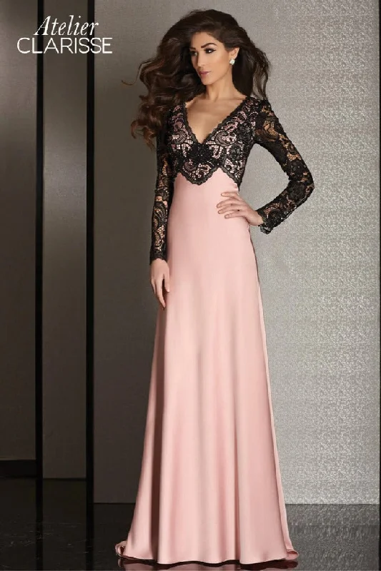 Clarisse -M6222 Lace Satin Knit Evening Dress High-Low Hemline Casual