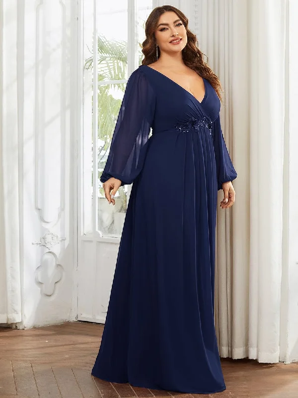 Custom Size Chiffon V-Neckline Long Sleeve Formal Evening Dress Tunics Handmade artisanal