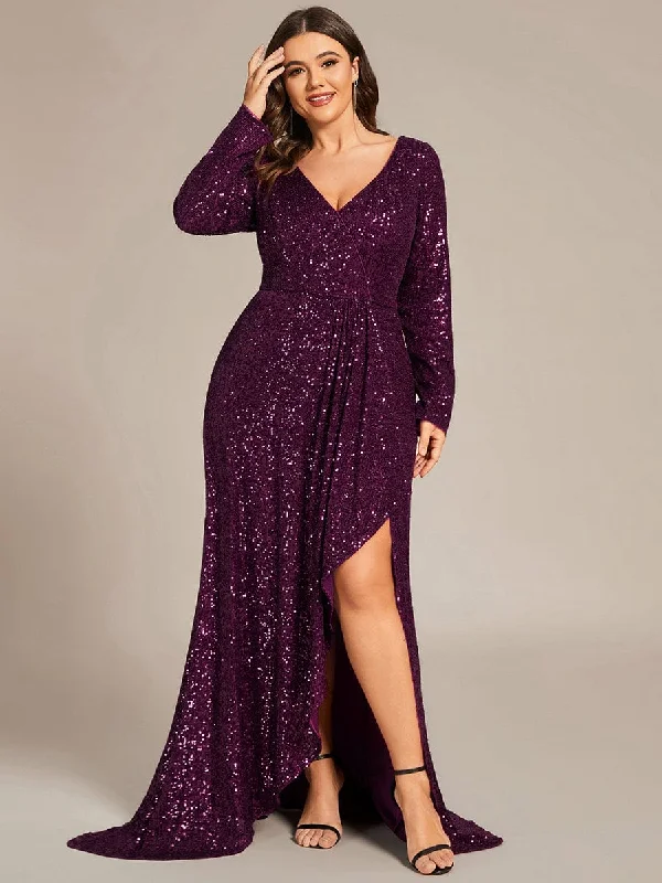 Custom Size Sequin Long Sleeve V-Neck High Slit Bodycon Evening Dress Cowl Neckline Elegant