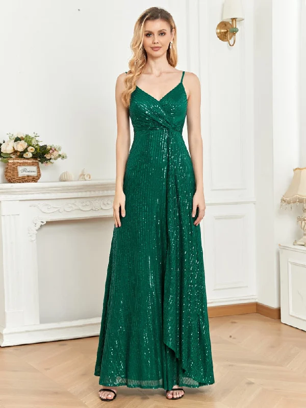 Elegant Green Sequins V Neck Evening Dress Guest Wedding Party Maxi Formal Dress  Women Long Prom Cocktail Dress Boatneck Modish Everyday