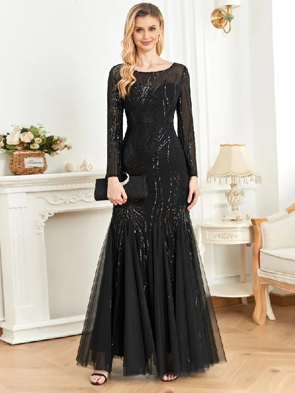 Elegant Long Sleeves Sequin Tulle Evening Dresses Long Women Mermaid Formal Bridesmaid Party Maxi Prom Dress A-Line Day Work