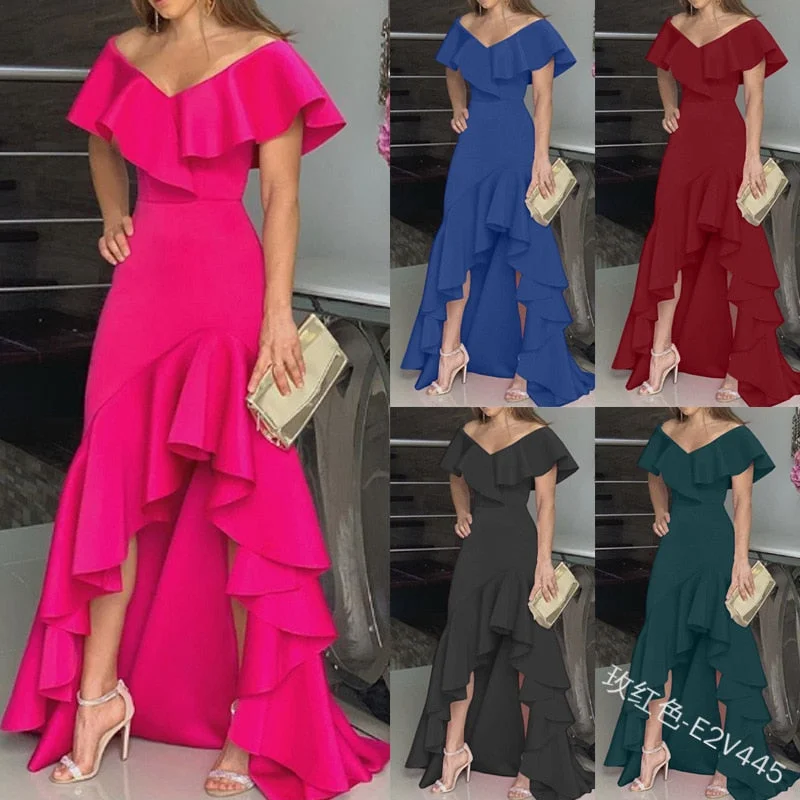 European American Elegant Party Dresses Sexy V-neck Irregular Solid Color Maxi Dress Hem Ruffle Women Short Sleeve Floor-Length Turtleneck Warm Winter