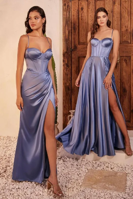 Fitted Satin Bustier Draped Side Slit Long Evening Dress CD7495 Tunics Distressed trendy