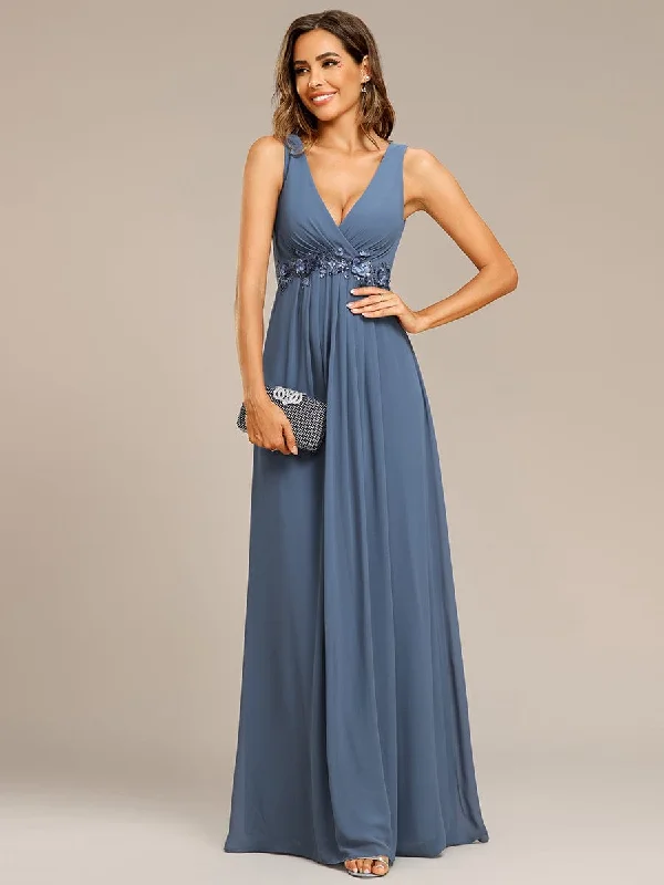 Floral Applique Sleeveless Chiffon Long Formal Evening Dress Tunics Chinos classic