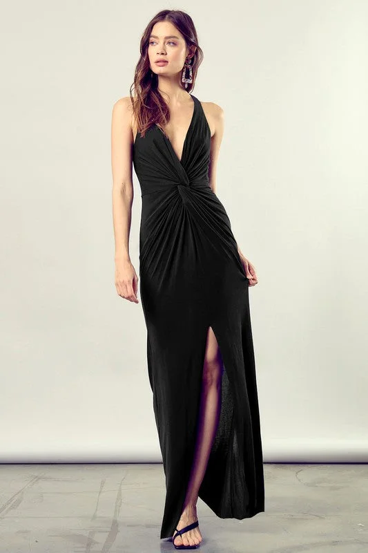 Gathered Front V-Neck Evening Dress With Leg Slit Tunics Velvet soft