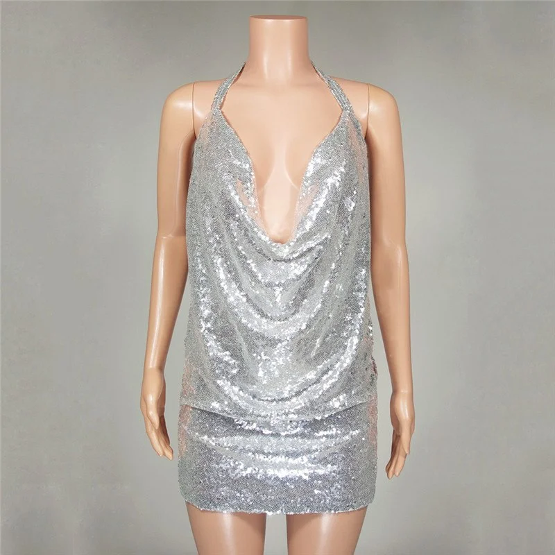 Glitter Sequin Ladies Sexy Deep V Neck Party Dress Club Wear Spaghetti Strap Womens Backless Mini Dress Off Shoulder Robes Femme empire Waist empire