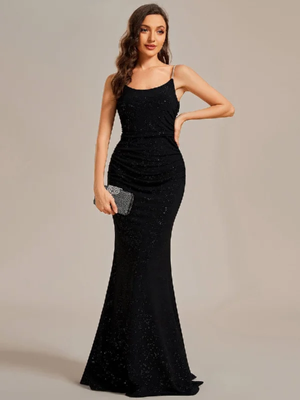 Glitter Spaghetti Strap U-Veck Open Back Bodycon Stretchy Evening Dress Tunics Brand named