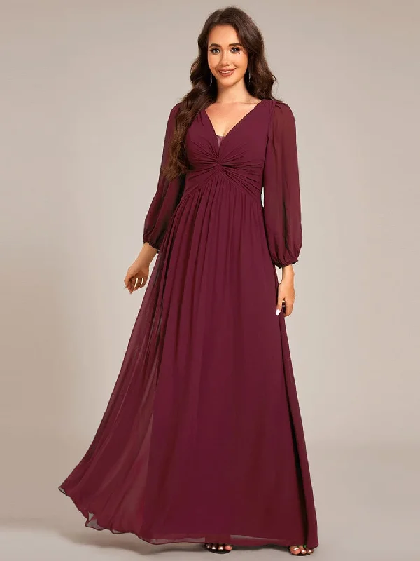 Ruth | Graceful Chiffon A-Line Pleated Long Sleeves Formal Evening Dress empire Waist empire