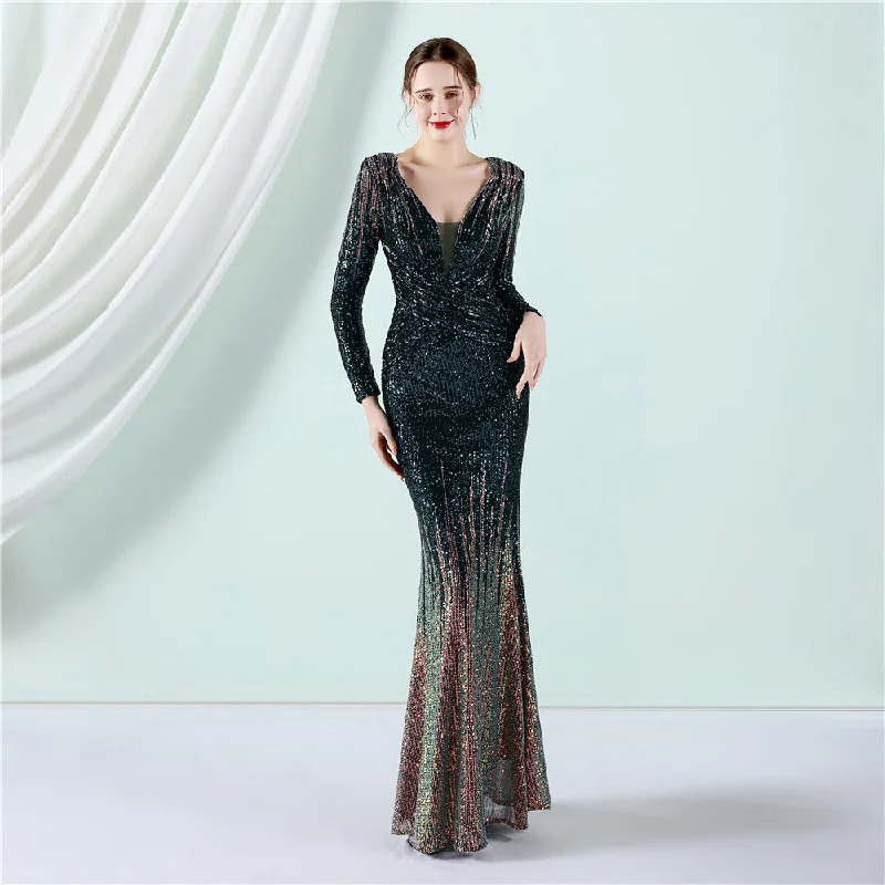 Gradient Sequin Long Sleeve V-Neck Evening Dress Tunics Formal black