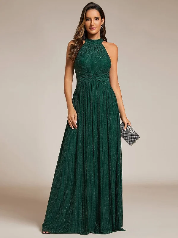 Halter Neck Pleated Glittery Formal Evening Dress with Empire Waist Tunics Occasion special