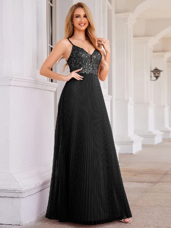 High-Waist V-Neck Sequined Bodice Sleeveless Backless Formal Evening Dress Tunics Sophisticated sleek