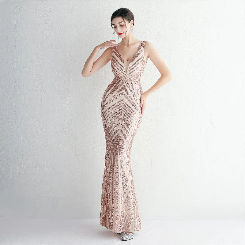 Illusion Plunging-V Neck sequin Mermaid Evening Dress Tunics Stylish elegant