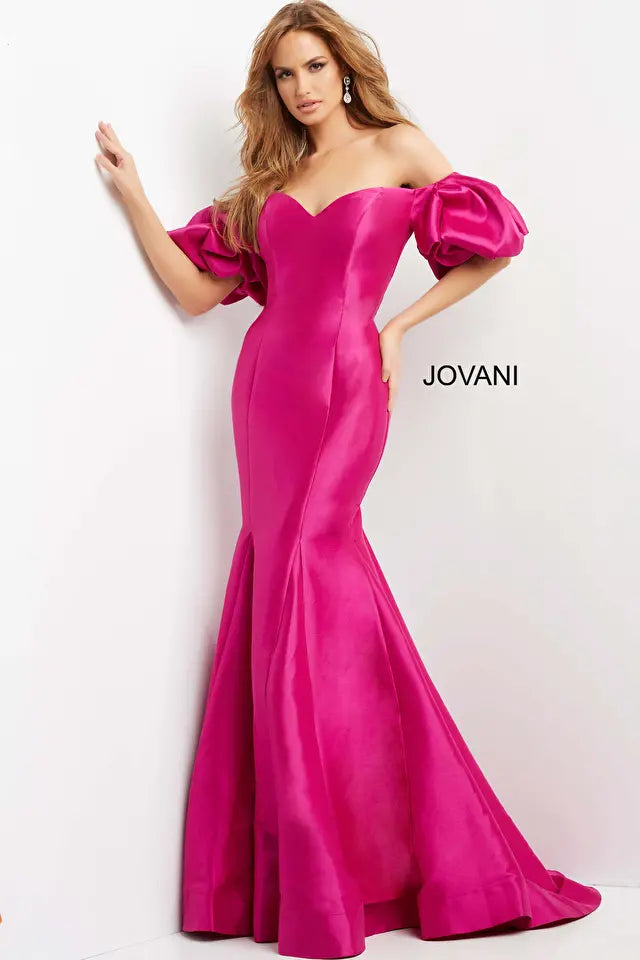 Jovani -09031 Puff Sleeve Off Shoulder Evening Dress Boat Neckline Classic