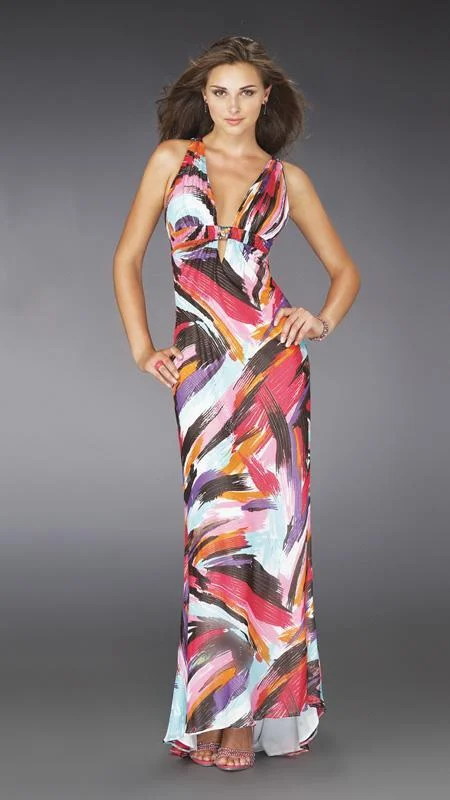 La Femme - 14319 Deep V-neckline Printed Evening Dress sweetheart Neckline Romantic