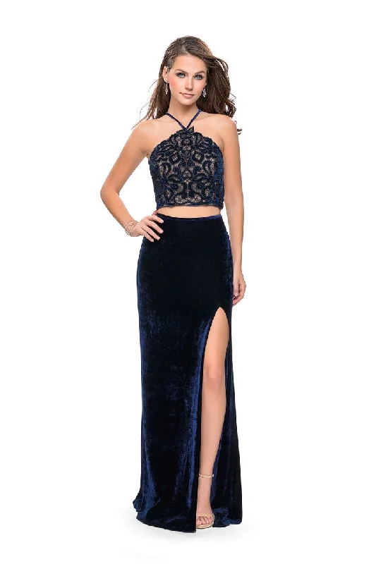 La Femme - 26115 Two Piece Halter Lace Velvet Evening Dress Off-the-shoulder Bohemian Festive