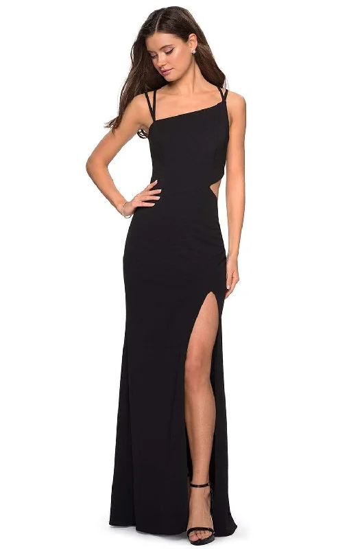 La Femme - 27126 Asymmetrical Neckline Strappy Jersey Evening Dress Turtleneck Warm Winter