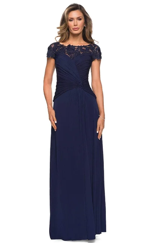 La Femme - 28029 Ruched Knotted A-Line Evening Dress Peplum Ruffle Cocktail