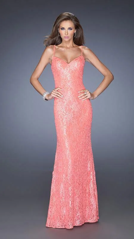 La Femme - 20431 Sequin and Lace Spaghetti Strap Evening Dress Boatneck Modish Everyday