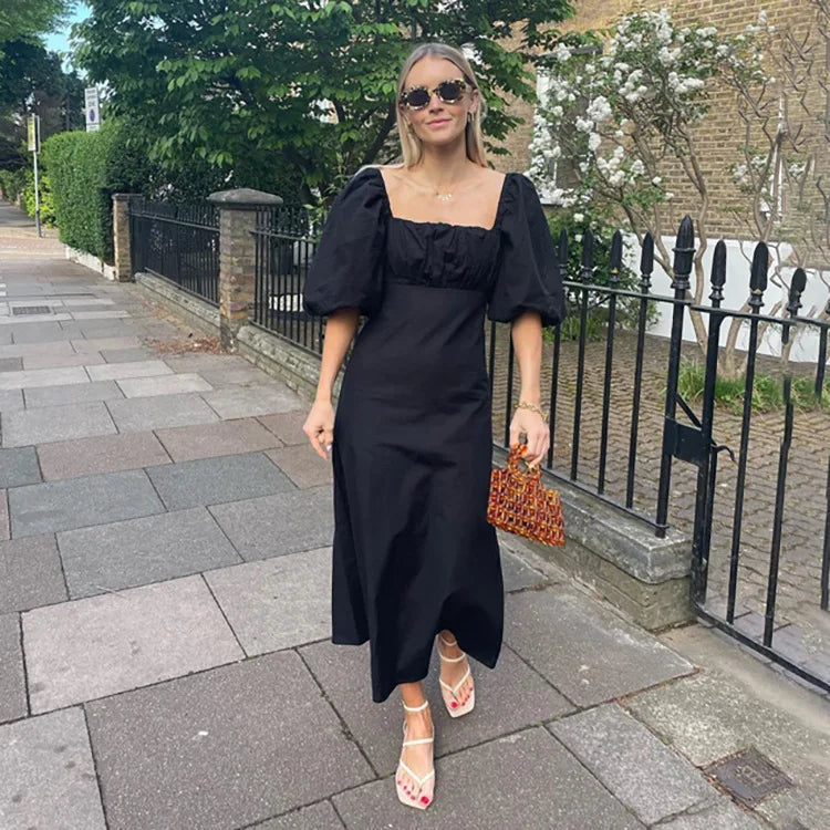 LIZAKOSHT  -  Maxi Summer Puff Sleeve Holiday Dress Black Square Neck Party Dresses Casual A Line Women Dress Tunics Brand named