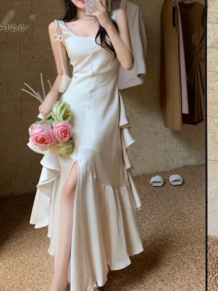 LIZAKOSHT  -  Summer Women Long Satin Dress Sleeveless Sexy Backless Silk Slit Ruffle Maxi Beach robe Party dresses evening dresses Mermaid Tail Wedding