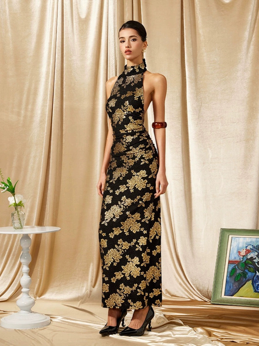 Modern Cheongsam With Gold Print Halter Evening Dress Tunics Top rated