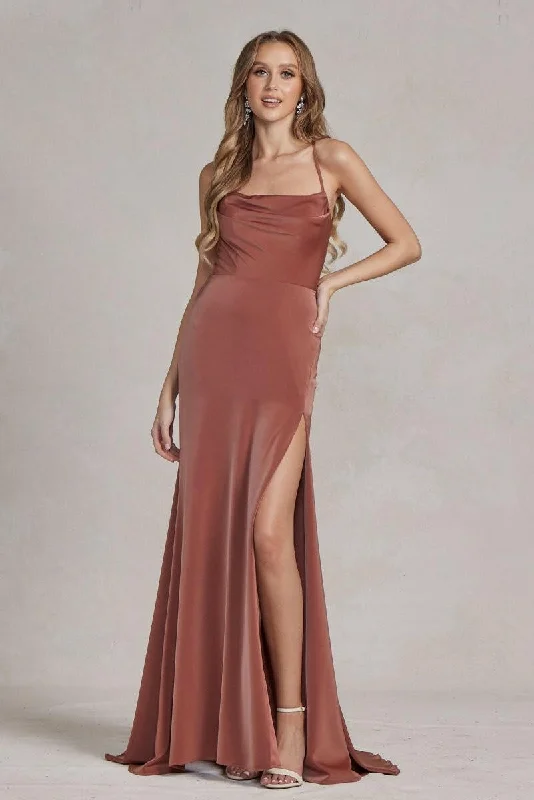 Side Slit Cowl Neck Satin Open Criss Cross Back Long Evening Dress NXE1068 Tunics Summer linen