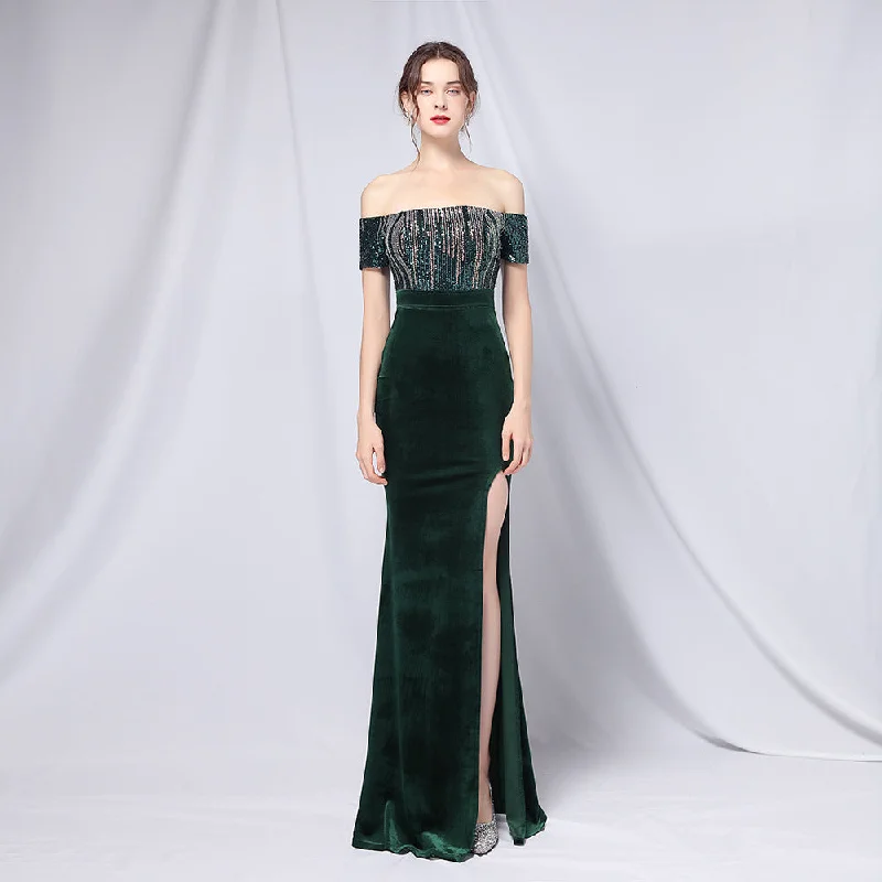 Off-shoulder Gradient Sequin Velvet Mermaid Evening Dress Tunics Prom sequined