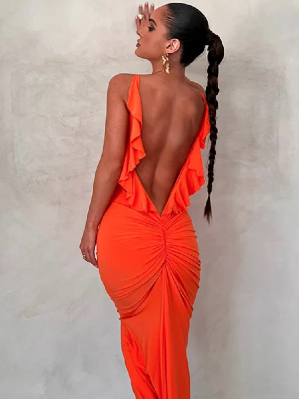 Orange Backless Maxi Dress Women Elegant Fashion Ruffles Bodycon Evening Party Dress Sexy Strap Ruched Birthday Club Outfit Tunics Top Casual