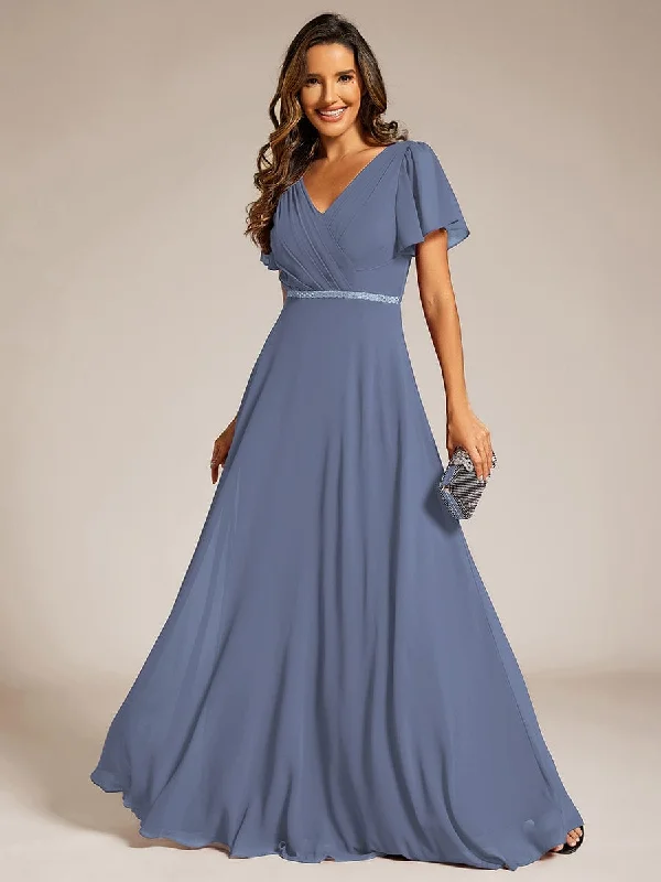 Pleated A-Line Chiffon Formal Evening Dress with Short Sleeves and Sequin Waist Tunics Chic fashionable