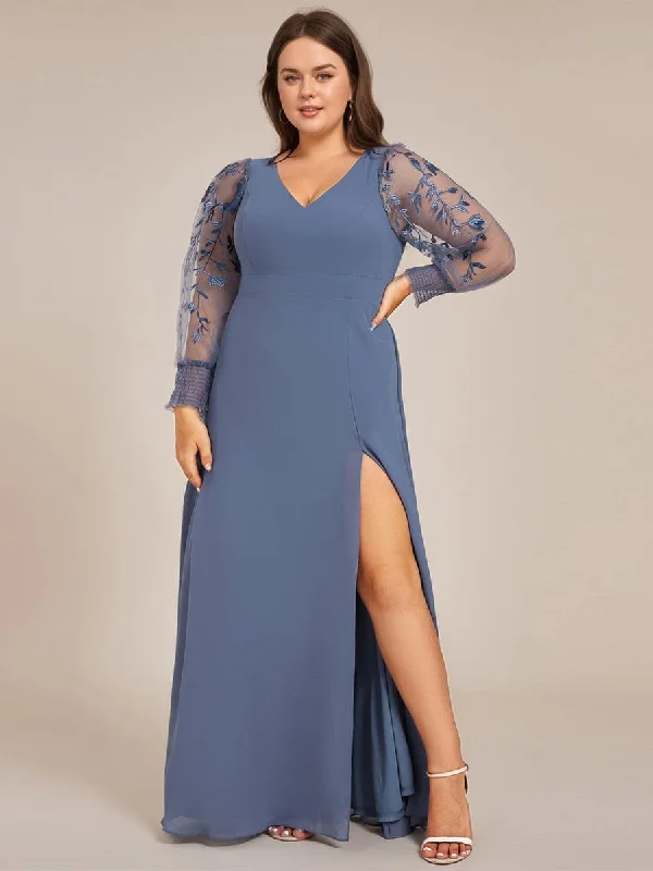 Diane | Plus Size High Slit Embroidered Long Sleeve Chiffon Formal Evening Dress Tunics Corduroy durable