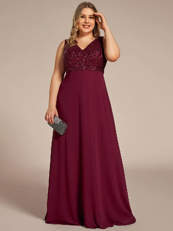 Plus Size Sequin Sleeveless Double V-Neck Formal Evening Dress Tunics Trendy modern