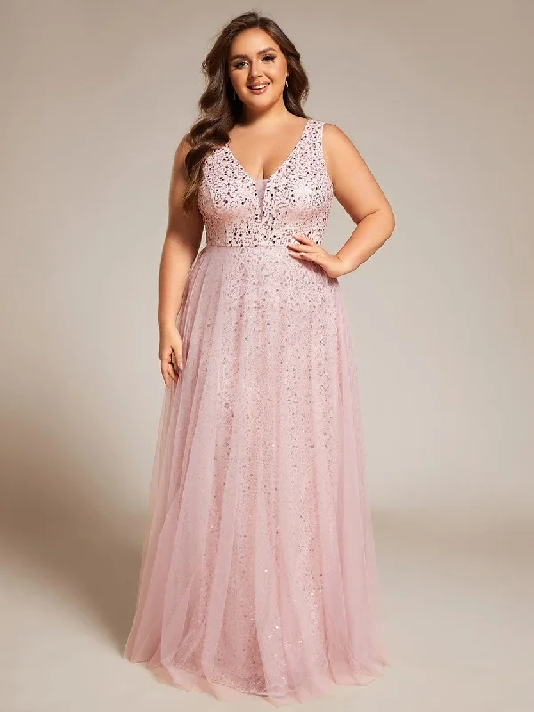 Plus Size Sequin V-Neck Sleeveless Empire Waist Tulle Formal Evening Dress Tunics Stylish elegant