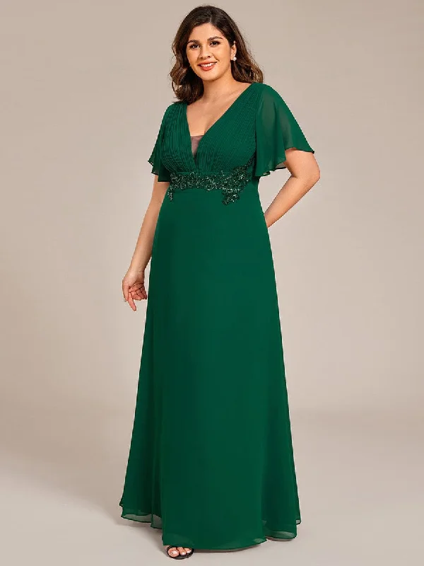 Grace | Plus Size Short Sleeve Waist Applique V-Neck Maxi Formal Evening Dress Tunics Luxurious high-end