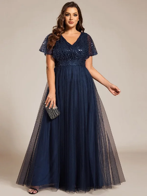 Plus Size Short Sleeves Sequin V-Neck Formal Evening Dress with Tulle Tunics Favorite customer