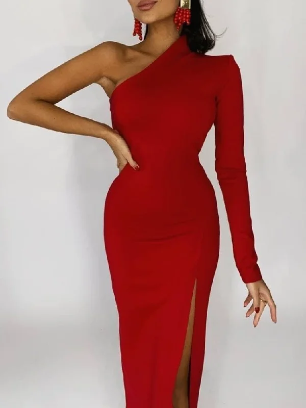 Red Elegant Dresses For Women  Fashion One Shoulder Maxi Dress Bodycon Summer Autumn Ladies Sexy Evening Club Party Dress Tunics Prom sequined