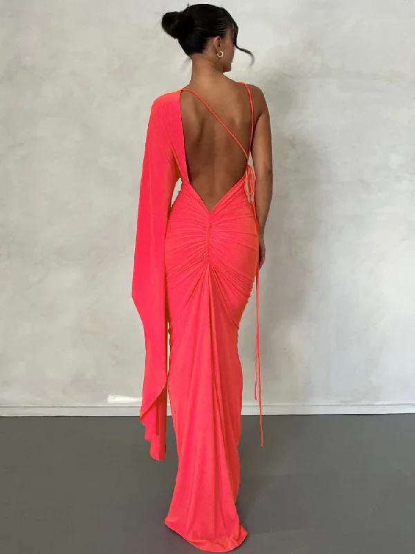 Rose Red Backless Maxi Dress Women Sexy Ruched Evening Party Dresses Fashion Elegant One Shoulder  Slim Long Summer Dress Tunics Recommended stylist