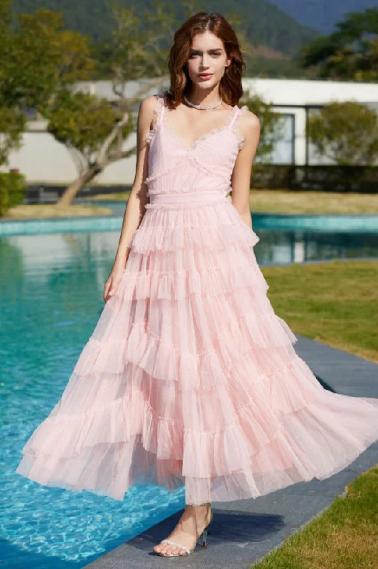 Ruffle V Neck Tiered Tulle Evening Dress Tunics Solid Classic