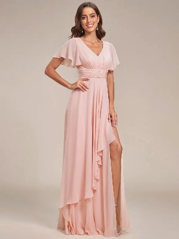 Ruffles Sleeve High Slit with Louts Leaf Chiffon Evening Dress Tunics Mesh breathable