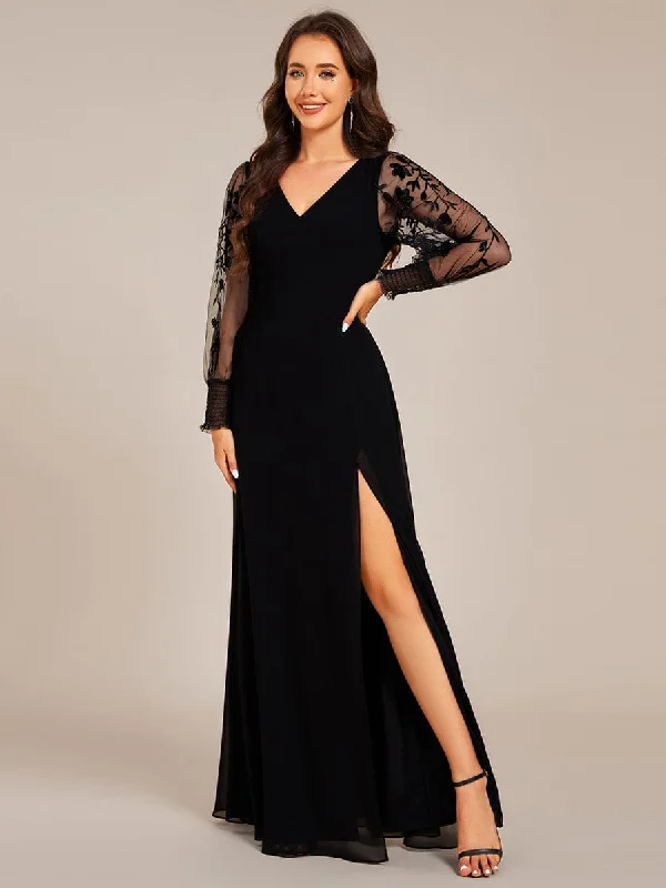 Diane | See-Through Long Sleeve V-Neck High Slit Chiffon Formal Evening Dress Tunics Velvet soft