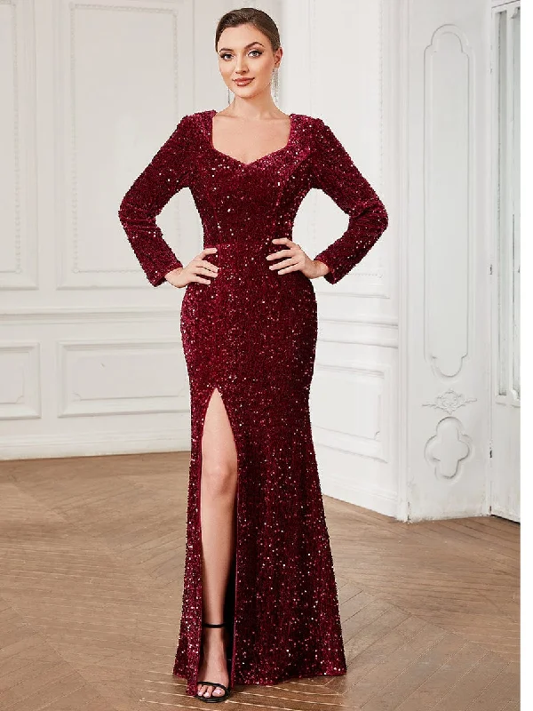 Sequin Long Sleeve Sweetheart Bodycon Front Slit Evening Dress Tunics Sale discount