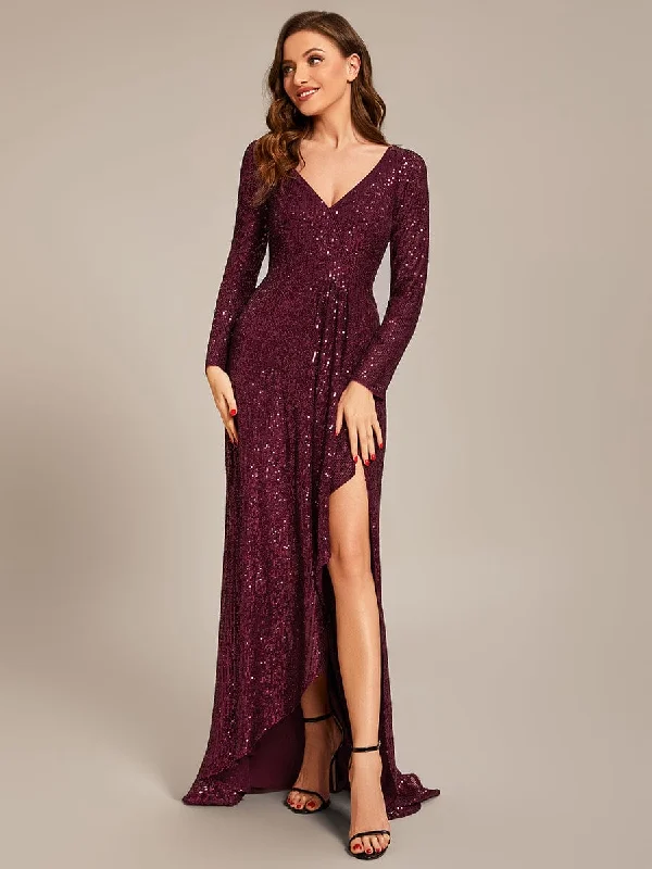 Sequin Long Sleeve V-neck Asymmetrical Hem Evening Dress Lace Sexy Club