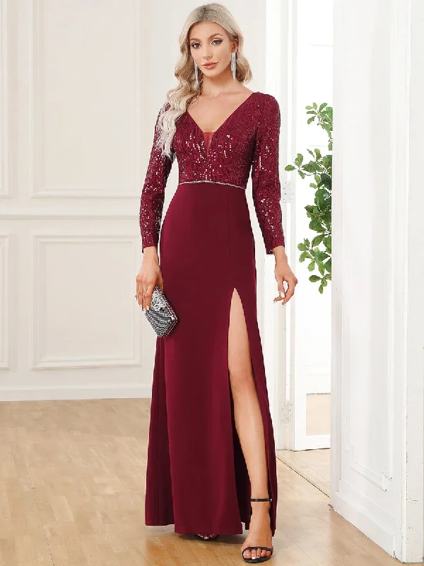 Sequin Long Sleeve V-Neck High Slit Evening Dress Tunics Stylish elegant