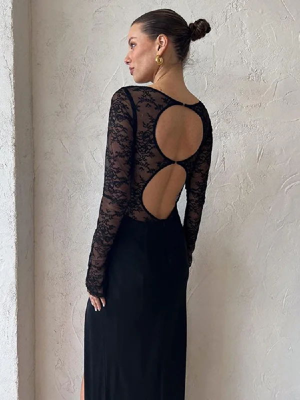 Sexy Hollow Out Backless Black Long Sleeve Maxi Dress Women Prom See-through Lace Splicing Side Slit Party Dresses New Autumn Tunics Lace romantic