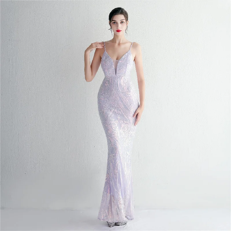 Spaghetti  Straps Illusion V-neck Floral Sequin Mermaid Evening Dress Tunics Exclusive limited