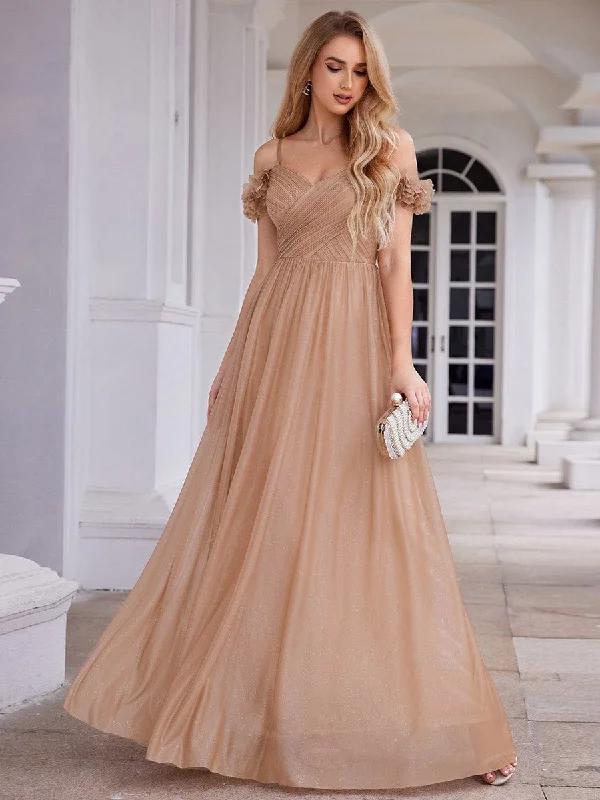 Sparkling V-Neck Floral Cold-Shoulder Evening Dress with Pleated Glittery Long Formal