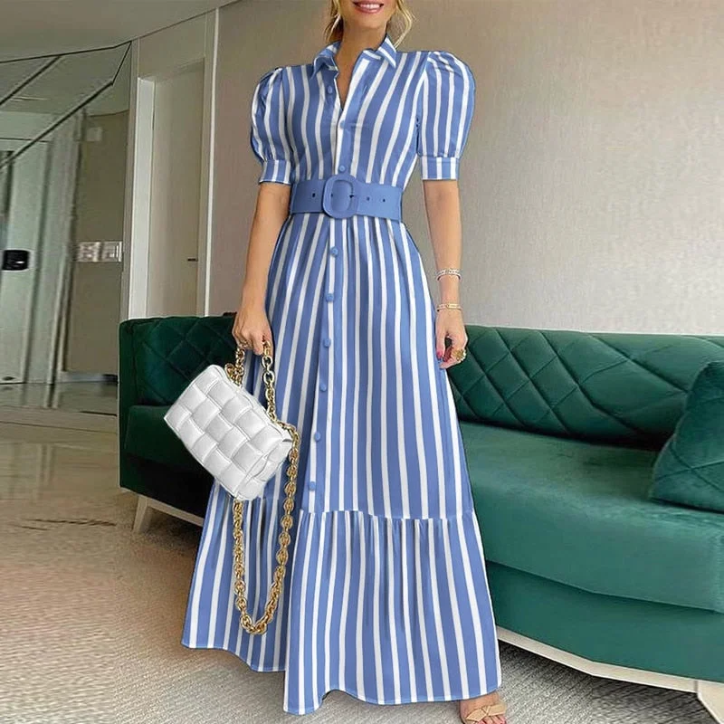 Summer Puff Shoulder Sexy Party Dress Spring Solid Button Long Shirt Dress Women Elegant Turn-down Collar Office Lady Maxi Dress Off-the-shoulder Bohemian Festive