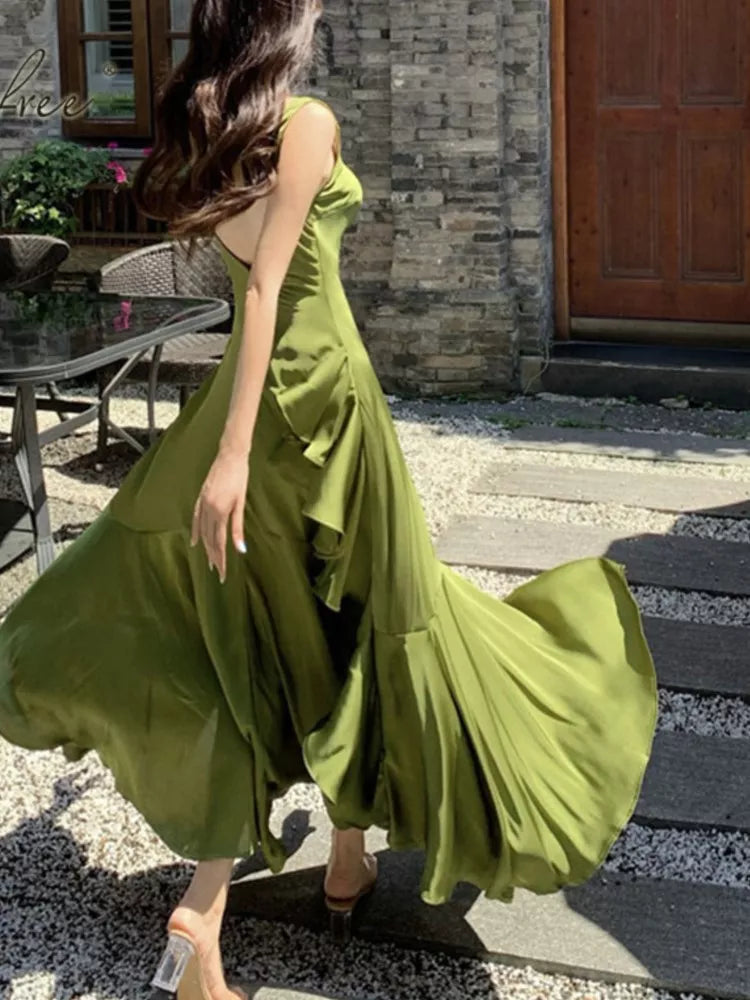 Summer Women Long Satin Dress Sleeveless Sexy Backless Silk Slit Ruffle Maxi Beach robe Party dresses evening dresses Tunics Custom made