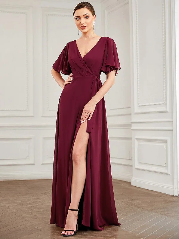 Tie Waist High Slit Flutter Sleeve Chiffon Evening Dress Tunics Top rated