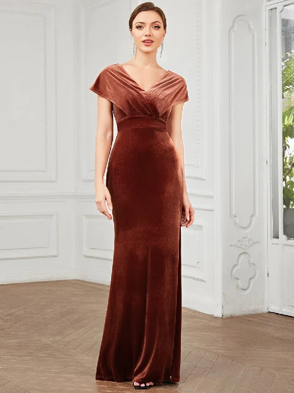 Velvet Pleated V-Neck Cap Sleeve Evening Dress Tunics Timeless classic