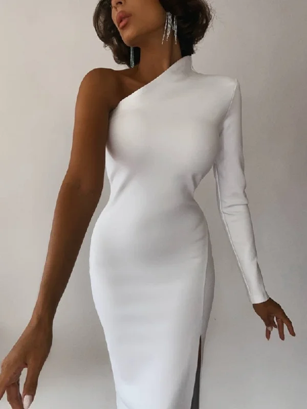 White Slim Maxi Dress for Women Sexy One Shoulder Split Evening Party Dresses  Autumn Winter Long Sleeve Elegant Fomal Dress Tunics Solid Classic